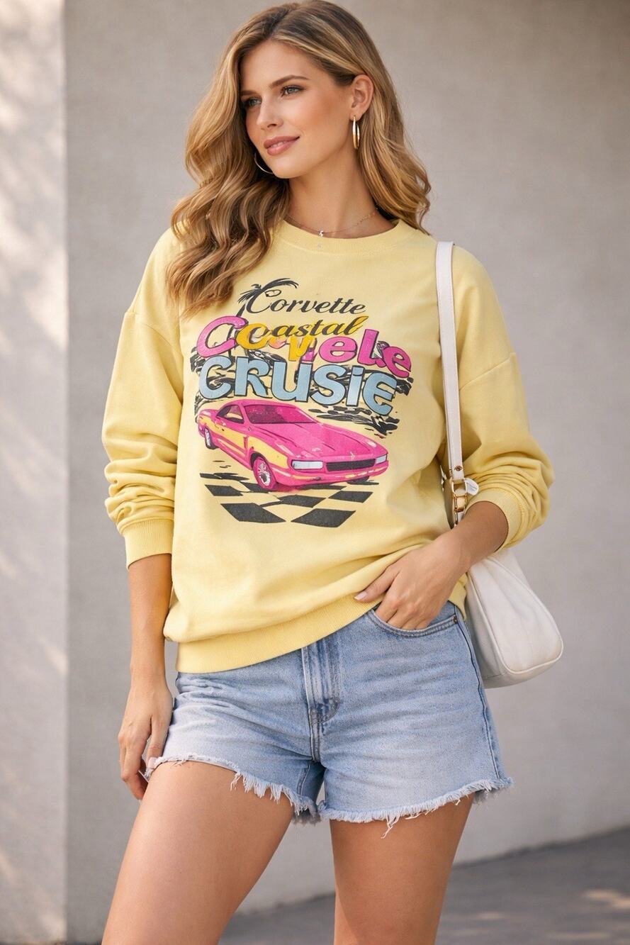 Vintage Corvette Coastal Cruise Sweatshirt Yellow Retro Graphic Small
